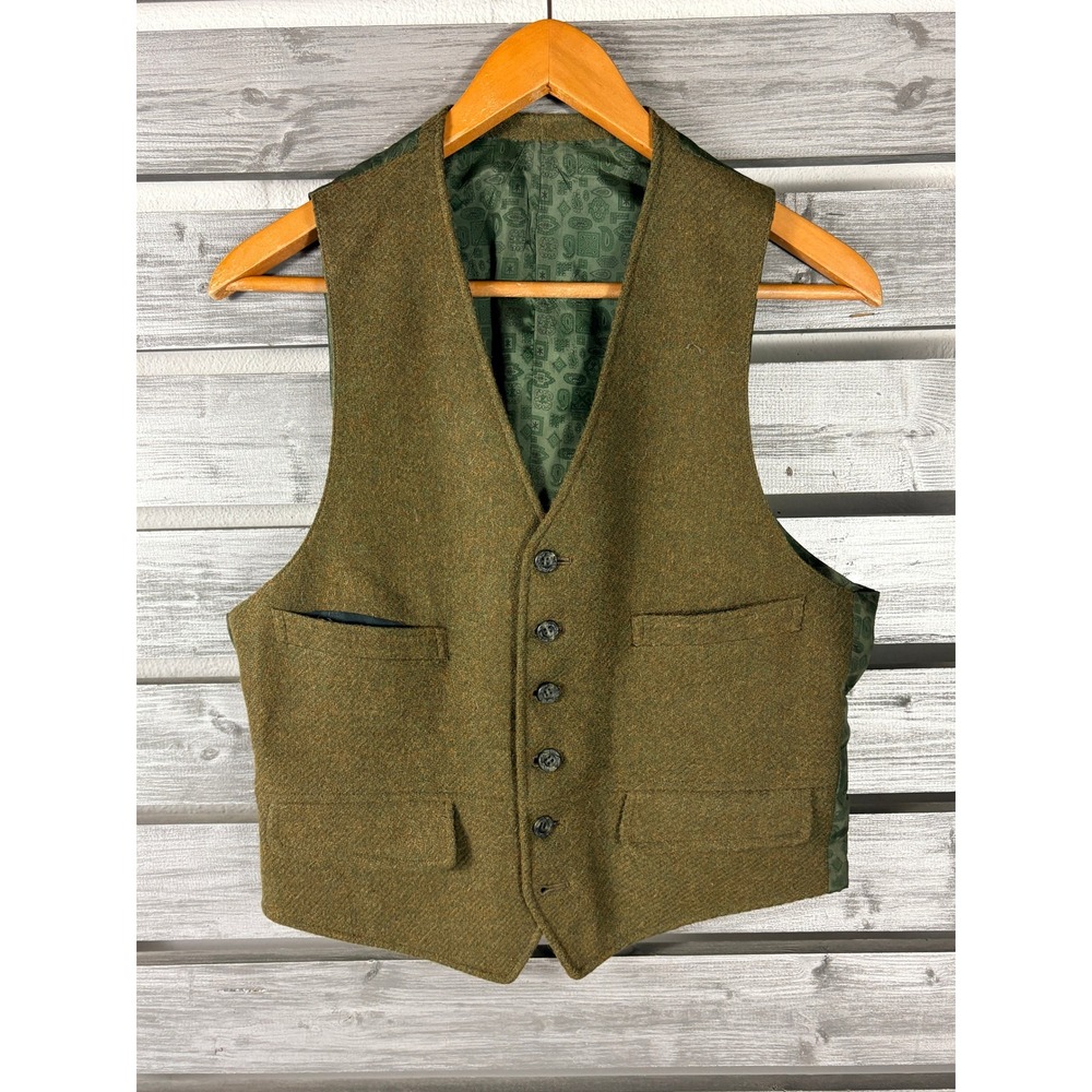 Vintage 70s 80s Mens Olive Green Herringbone Wool Vest Buttons Paisley Small